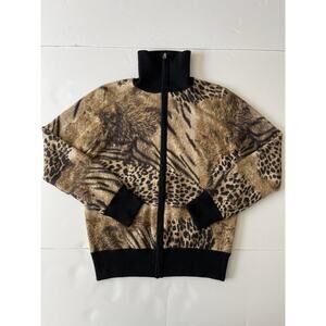 Neiman Marcus Cashmere Sweater Women M Brown Animal Print Full Zip High Neck